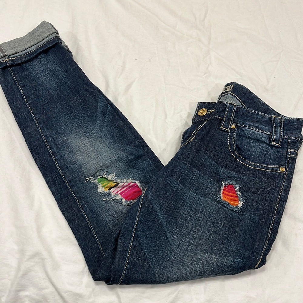 Like new rock & roll double roll skinny jeans with serape patches & holes